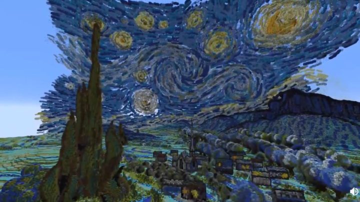 Uživatel Minecraftu vytvořil van Goghův obraz Hvězdná noc ve 3D